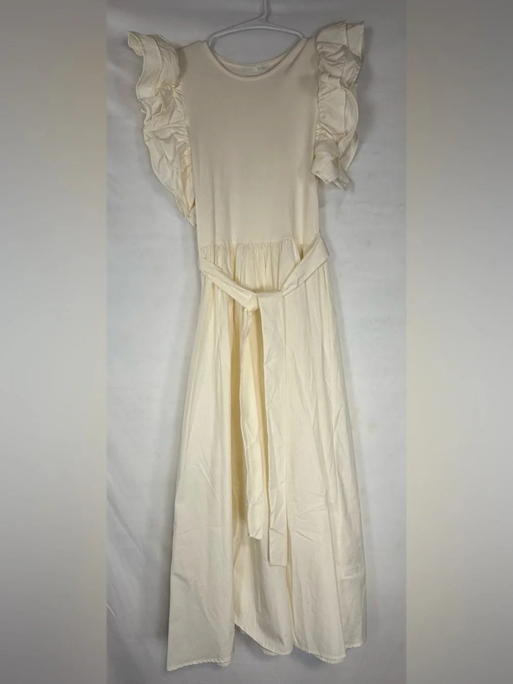 NWOT Zara Cream Ruffle-Sleeve Midi Dress with Waist Tie - Picture 1 of 10